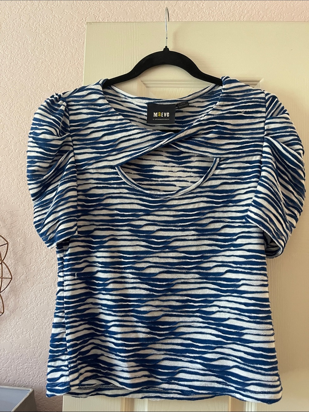 Maeve Navy and White Wave-Stripe Puff Sleeve Top